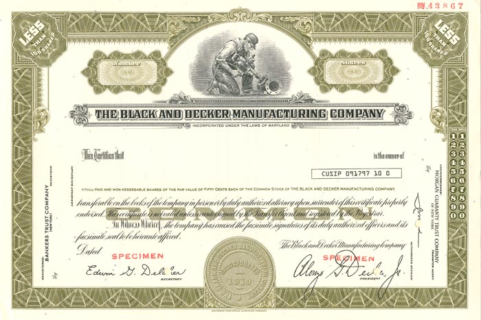 Black and Decker Manufacturing Co. - Specimen Stock Certificate